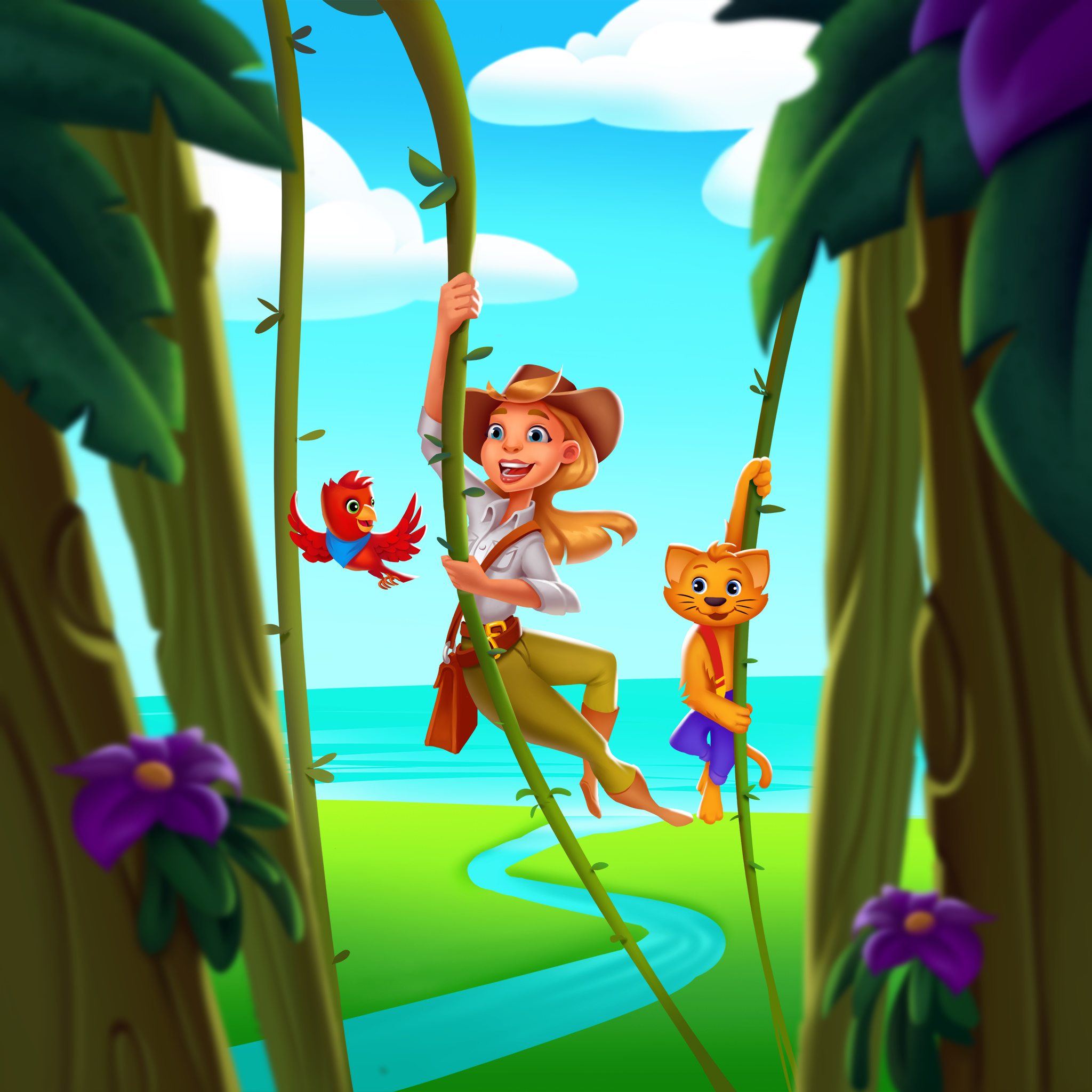 Zoo Boom jungle artwork featuring Jenny and an animal companion